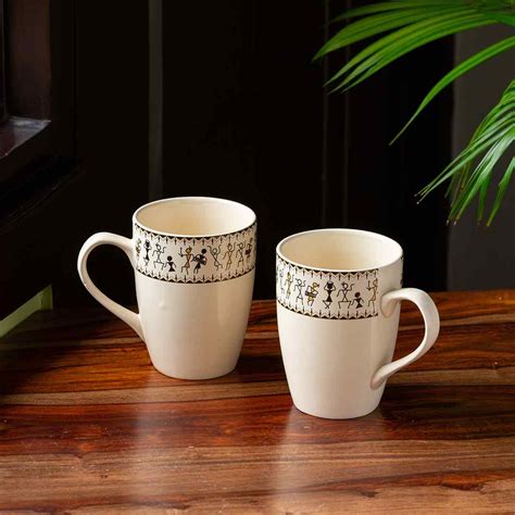 'Whispers of Warli' Handcrafted Ceramic Tea & Coffee Mugs (Set of 2, 3 ...