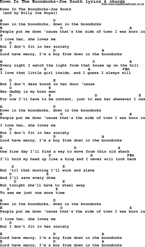 Love Song Lyrics for:Down In The Boondocks-Joe South with chords.