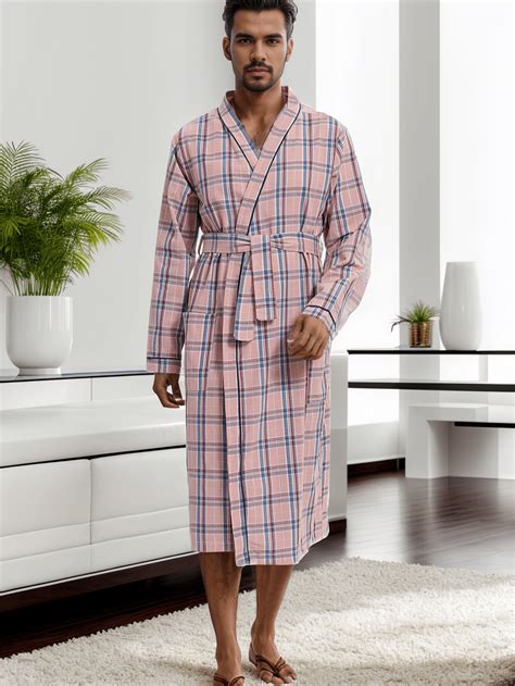 QING ROU 1pc Men's Long Sleeve Plaid Print Long Bathrobe, Casual ...