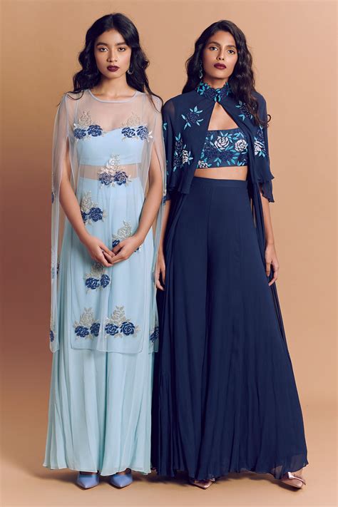 Navy Blue Rose Embroidered Bralet With Godet Pant And Rose Embroidered