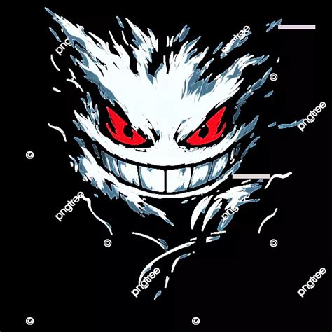 Creepy White Zombie Gengar Face With Long Hair On Black Background ...