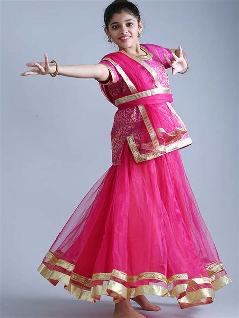 Girls Kathak Dance Dress Anarkali Style Pink Costume (3 piece set ...