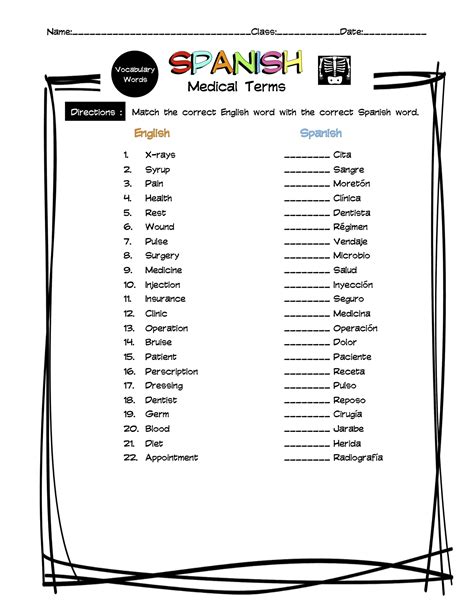Spanish Medical Terms Vocabulary Matching Worksheet & Answer Key | Made ...