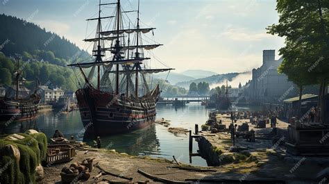 Premium AI Image | Pirate port overlooking old sailing ship Generative AI