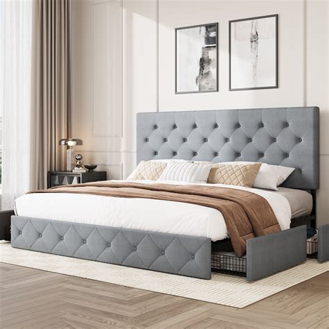 Amolife King Size Platform Bed Frame with Diamond-stitched Headboard ...