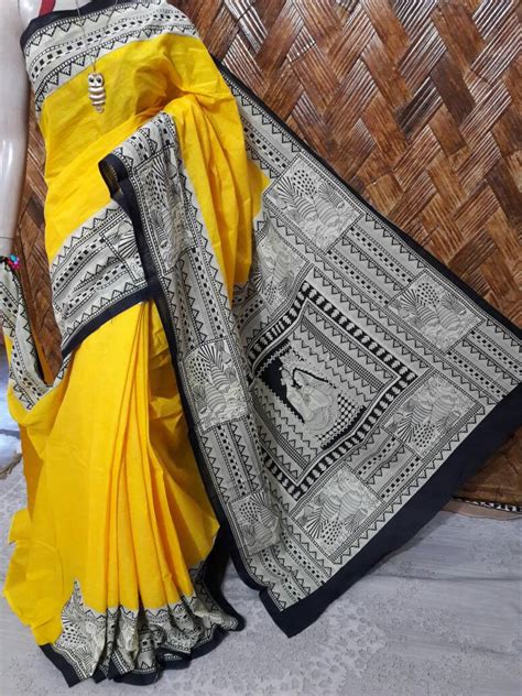Yellow Pure Pure Silk Mark Certified Tussar Silk Madhubani Sarees ...