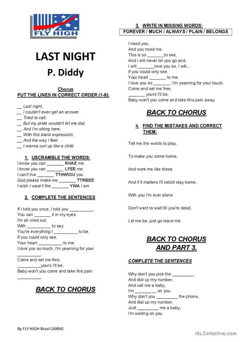 P Diddy - Last night song and nurser…: English ESL worksheets pdf & doc
