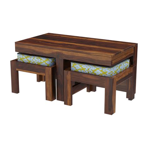 Khimsar Sheesham Wood Rectangular Coffee Table with 2 Stools – Induscraft