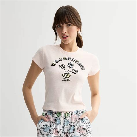 Juniors' Peanuts Woodstock & Flowers Pointelle Baby Tee