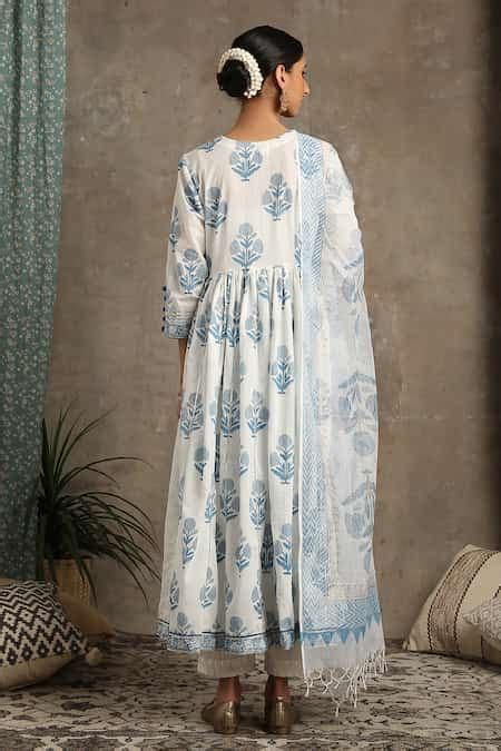 Buy Blue Cotton V Neck Floral Print Anarkali Set For Women by Maison ...