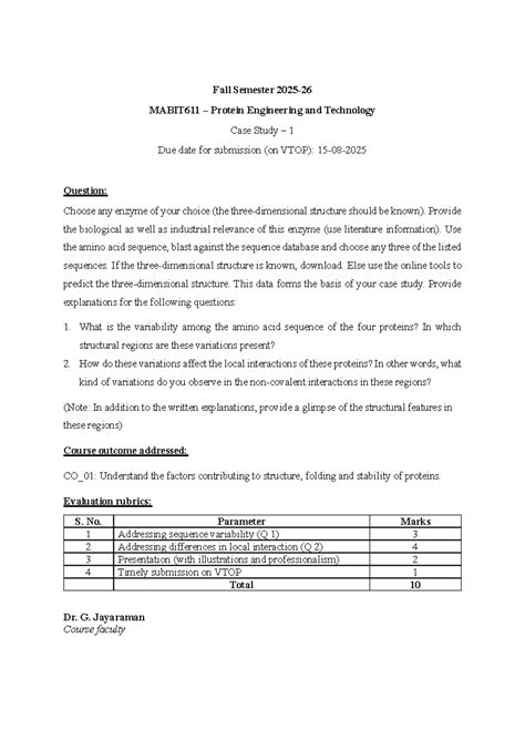 MABIT611 Fall 2025 Protein Engineering Case Study 1: Enzyme Analysis ...