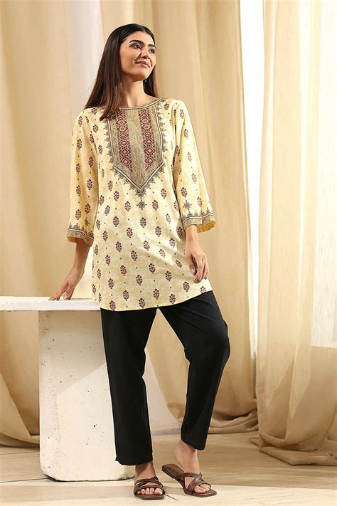 Beige Viscose Printed Straight Short Kurta at Biba India