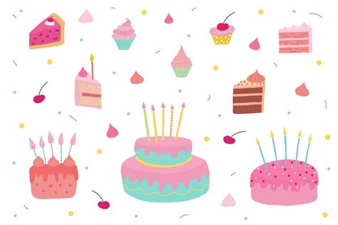 Hand-drawn baked cakes with candles, cake slices, cupcakes, and vector ...