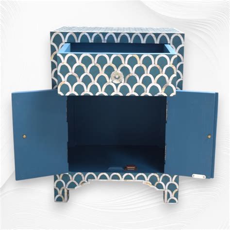 MOP Inlay 1 Drawer 2 Door Fishscale Design Bedside Teal Green – Luxury ...