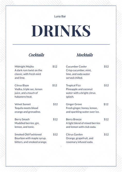 Free Simple Bar Drink Menu Template to Edit Online