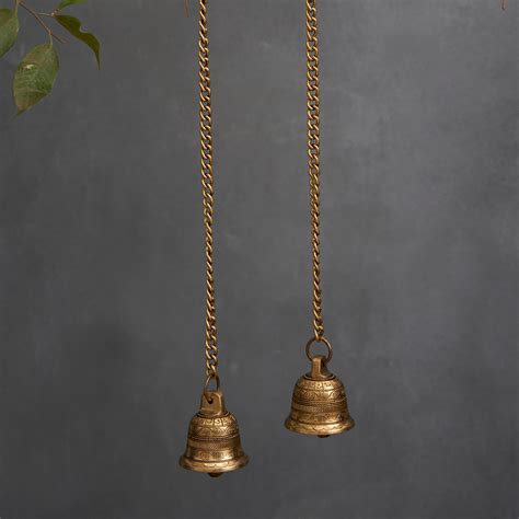 Brass Antique Hanging Bell For Wall Door Mandir Temple Pooja (Set of 2 ...