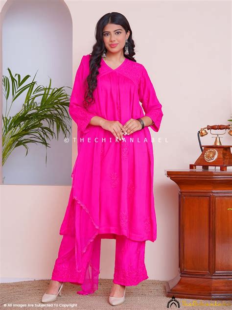 Alia Muslin Chikankari Kurta Set with Dupatta - Pink | The Chikan Label