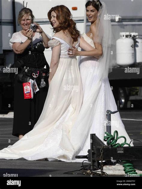 Teri Hatcher dons a wedding gown to film a scene for Desperate Housewives. Also on set were Eva ...