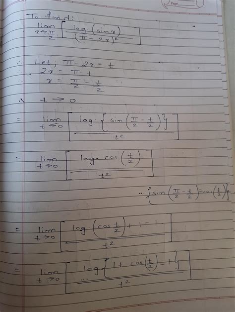 lim x tends to π/2 [log(sinx)/(π/2-x²)] - Brainly.in