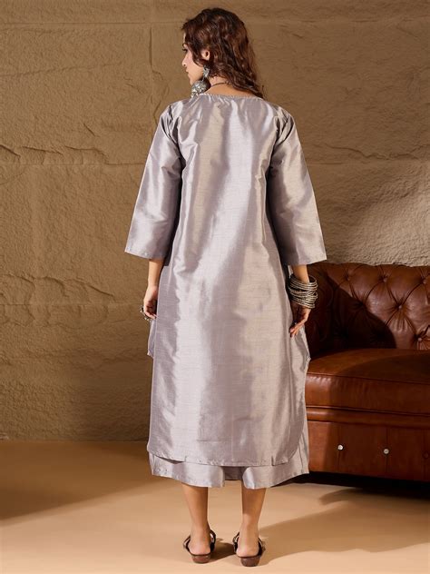 Dim Grey Silk V Neck Flared Kurta Set