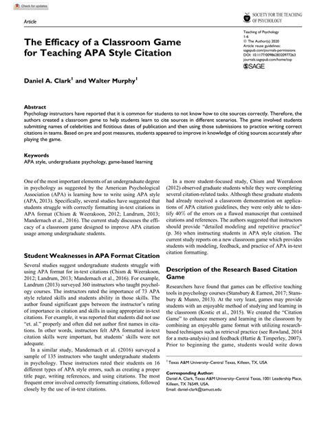 SOLUTION: The efficacy of a classroom game for teaching apa style ...