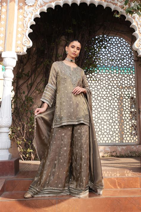 Haute Bronze Embellished Tissue Silk Palazzo Set