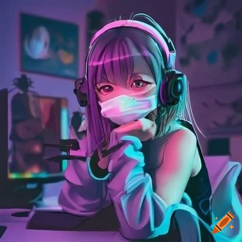 An anime gamer girl with an intellectual gamer attire and a gaming room ...