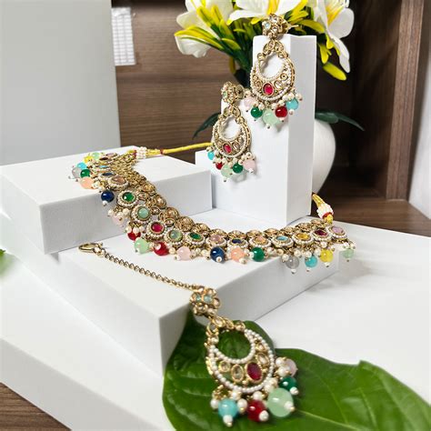 New Multicolour Beaded Polki Studded Necklace Set – RCM APPARELS ...