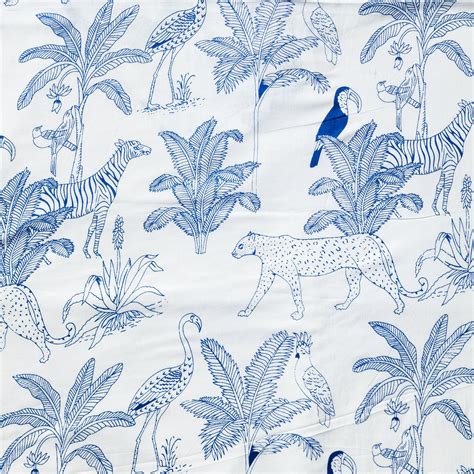 Pure Cotton Screen Print White With Blue Jungle Animals Fabric – Sanskruti