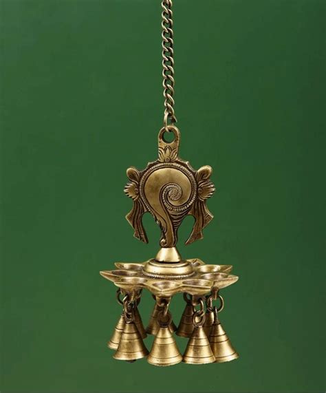 Pure brass hanging conch and chakra deepak pair with hanging bells,Han ...