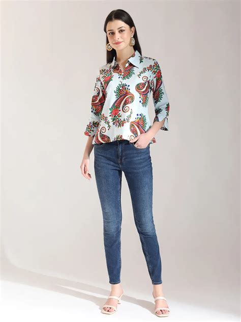 Sky Blue Pure Cotton Paisley Peplum Top – Yufta Store