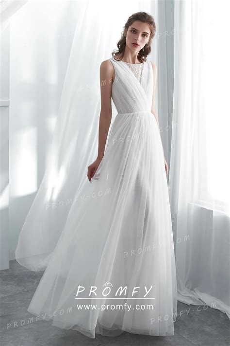 Beaded Lace Pleated Tulle A-line Casual Wedding Dress - Promfy
