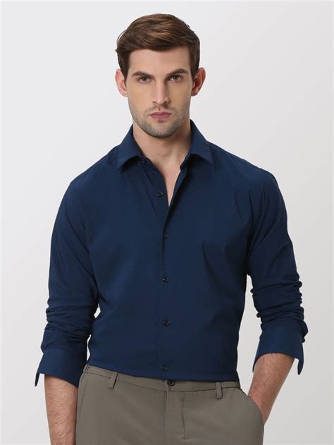 Navy Stretch Plain Slim Fit Casual Shirt
