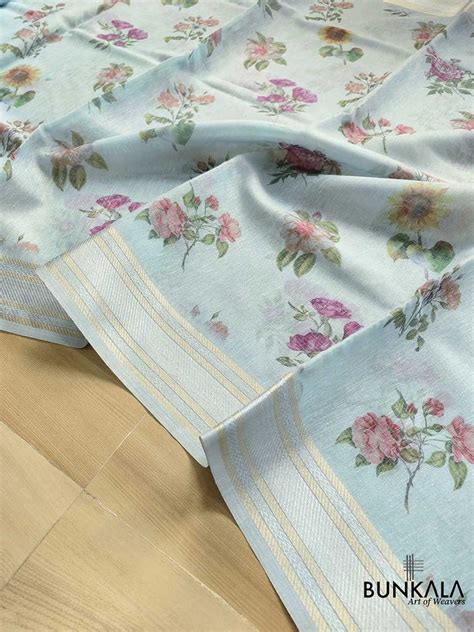 Shop Blue Linen Saree with Digital Floral Print and Zari Border – BUNKALA