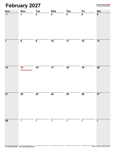 February 2027 Calendar | Templates for PDF, Excel and Word