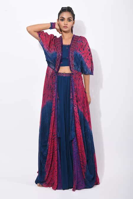 Buy Blue Georgette, Satin Shibori, Thread Work Jacket Sharara Set For ...