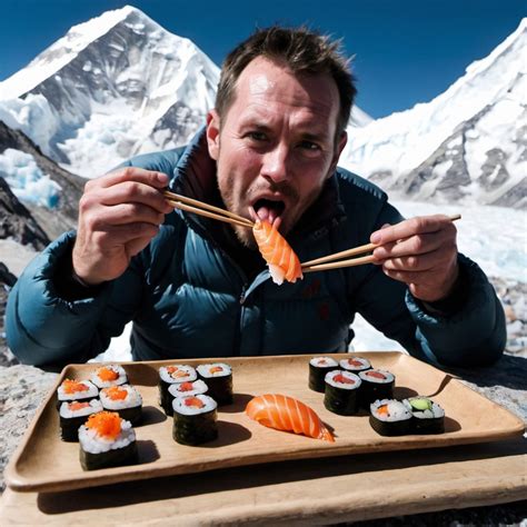 Man eating sushi in mount everest