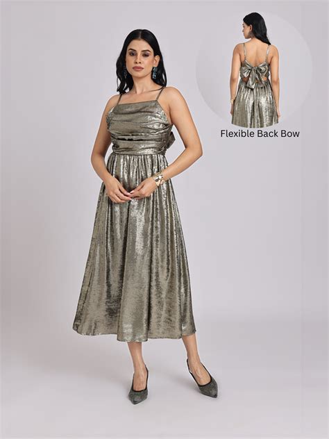 Metallic Gold Cowl-Neck Bow-Back Midi Dress – NATICA