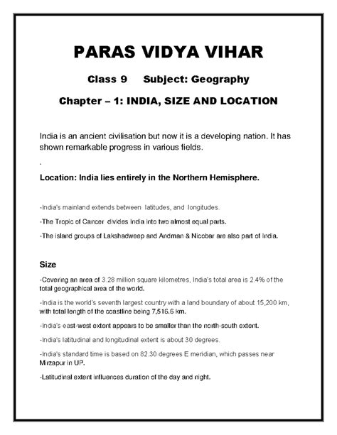 Geography Chapter 1 India, SIZE AND Location-converted - PARAS VIDYA ...