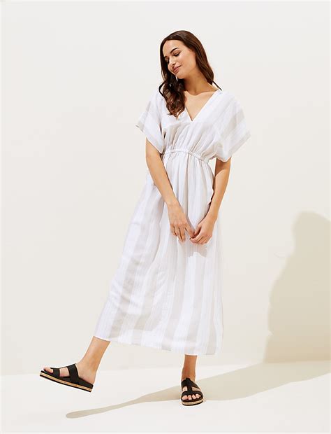 Buy Linen Blend Striped V-Neck Maxi Dress at Marks & Spencer