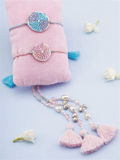 Sequins Blue Rakhi & Pink Lumba Rakhi Online | Handmade by Tonoto – TONOTO