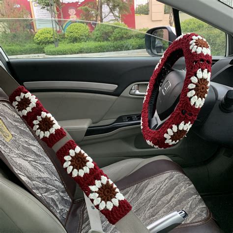 Steering Wheel Cover for Women, Handmade Crochet Cute Daisy Flower Seat Belt Cover, Kawaii Car ...