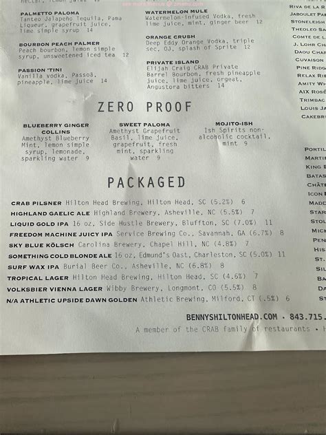 Online Menu of Benny's Coastal Kitchen Restaurant, Hilton Head Island ...