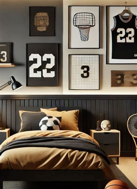 Sports boy room black and beige | Boy room, Boys bedroom decor, Boy ...