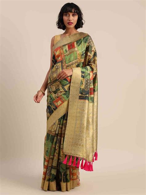 Buy Green Colour Kalamkari Printed Saree With Zari Border