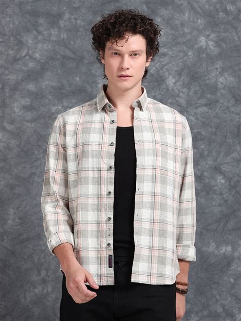 MEN'S LT.ORANGE CHECKS SLIM FIT SHIRT