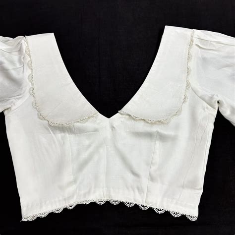 Vintage White Satin V-neck Blouse with Peter Pan Collar & Puff Sleeves ...