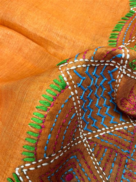 Handcrafted Kantha Embroidered Desi Tussar Silk Saree – Tangerine Oran ...
