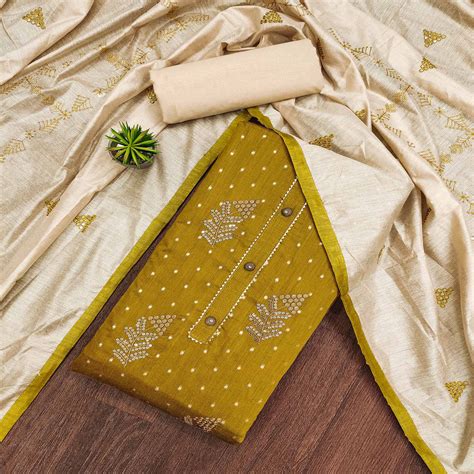 Mustard Sequins Embroidered Chanderi Dress Material