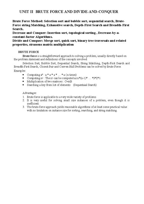 ADA UNIT II: Brute Force & Decrease and Conquer Algorithms - Studocu